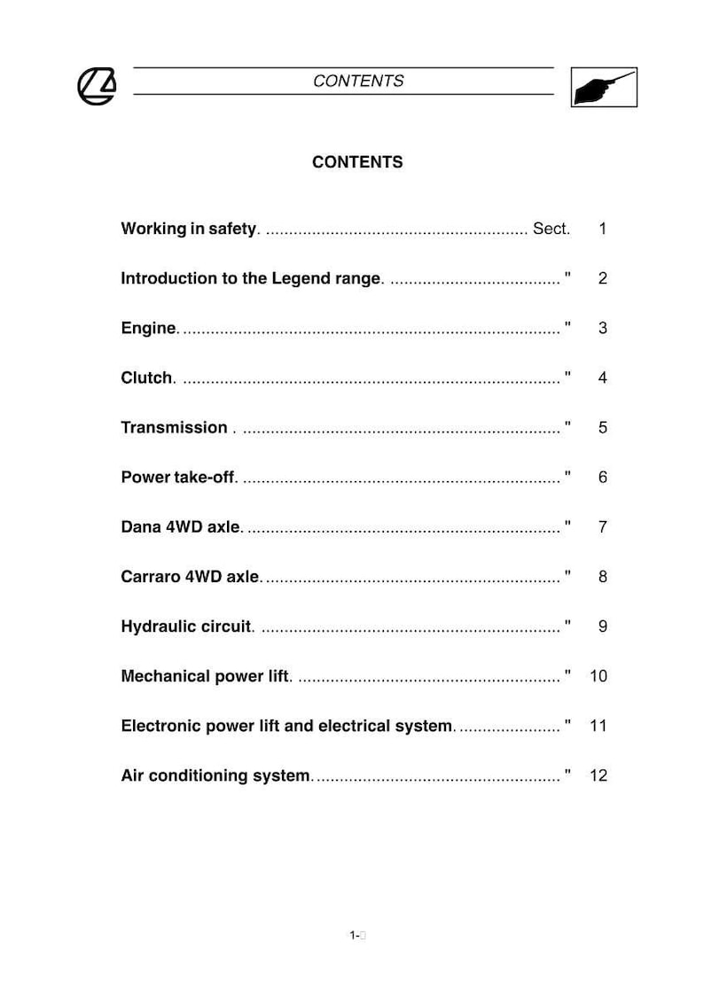 Puede incluir: Una p&aacute;gina blanca con el t&iacute;tulo "CONTENTS" y una lista de temas que incluyen "Working in safety", "Engine" y "Transmission". La p&aacute;gina es de un manual o gu&iacute;a.