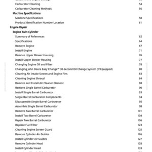 May include: A page from a manual with a table of contents. The text includes topics like "Engine Repair", "Carburetor Cleaning", and "Machine Specifications". Page numbers are listed next to each topic.