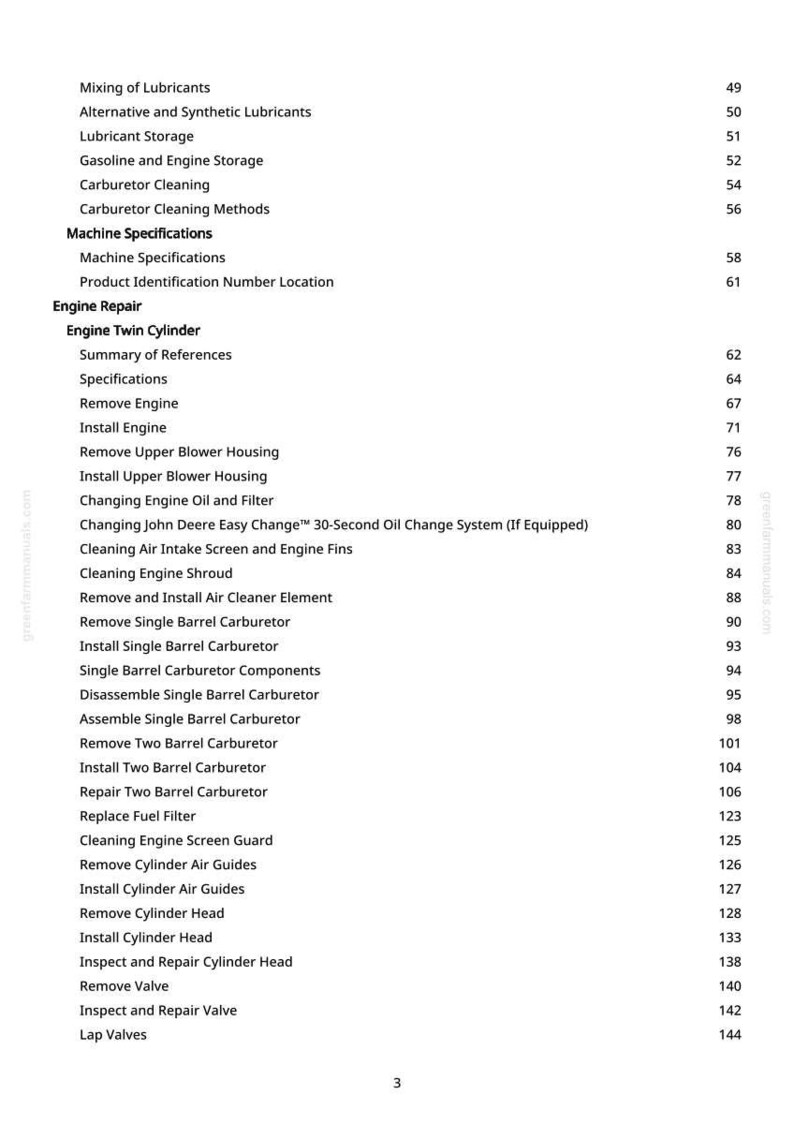May include: A page from a manual with a table of contents. The text includes topics like "Engine Repair", "Carburetor Cleaning", and "Machine Specifications". Page numbers are listed next to each topic.