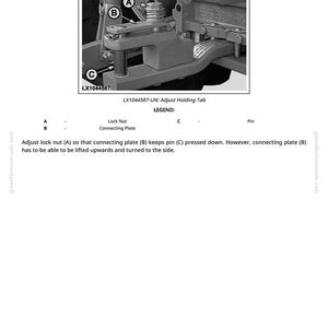 May include: Diagram of a mechanical component labeled "Adjust Holding Tab." The image includes close-ups of a lock nut, connecting plate, and pin, with labels A, B, and C. Text explains how to adjust the lock nut.