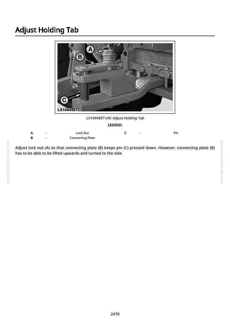May include: Diagram of a mechanical component labeled "Adjust Holding Tab." The image includes close-ups of a lock nut, connecting plate, and pin, with labels A, B, and C. Text explains how to adjust the lock nut.