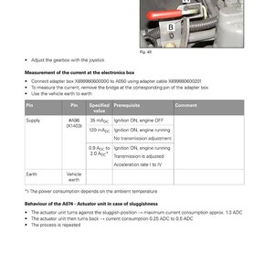 May include: A page from a Fendt 500 Vario Gen3 manual. The image shows a diagram of the electrical system, including instructions for adjusting the gearbox and measuring current at the electronics box. Text and diagrams are in black and white.