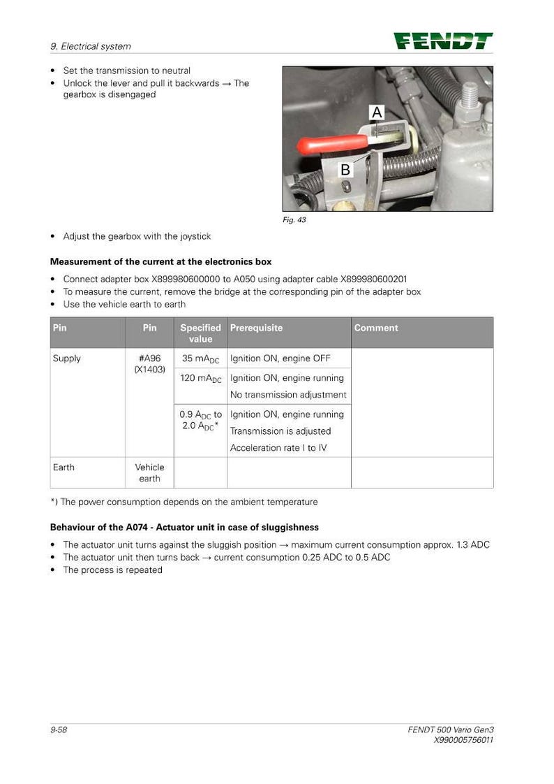 May include: A page from a Fendt 500 Vario Gen3 manual. The image shows a diagram of the electrical system, including instructions for adjusting the gearbox and measuring current at the electronics box. Text and diagrams are in black and white.