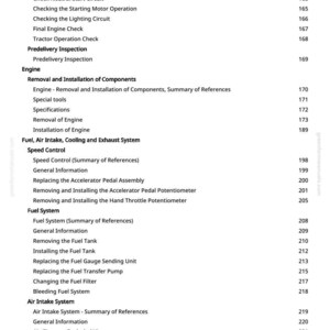 May include: A manual page with a list of contents, including engine checks, fuel systems, and air intake. The page number is 5. The website greenfarmmanuals.com is visible. Measurements are not applicable.