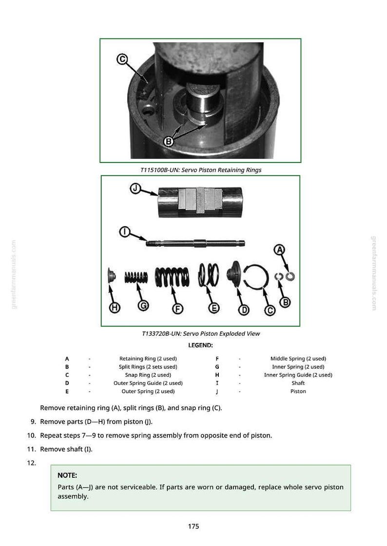 May include: Diagram of servo piston components, including retaining rings, split rings, and springs. The image includes an exploded view and a detailed legend, with text labels for each part. The image is from a repair manual.
