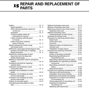 May include: A detailed table of contents from a manual titled "Repair and Replacement of Parts." The text is black on a white background, listing various repair procedures and methods for engine components. Measurements are not included.