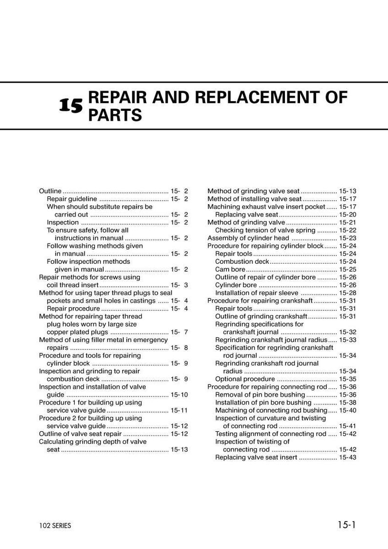 May include: A detailed table of contents from a manual titled "Repair and Replacement of Parts." The text is black on a white background, listing various repair procedures and methods for engine components. Measurements are not included.