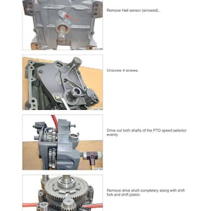 K&ouml;nnte beinhalten: Diagramm einer Fendt 300 Vario Getriebe, das den Aus- und Einbau der Zapfwellen-Drehzahlvorwahl veranschaulicht. Die Bilder zeigen Schritte wie das Entfernen des Hall-Sensors. Text: "Hall-Sensor (gekennzeichnet) entfernen."