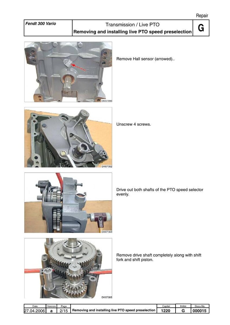 K&ouml;nnte beinhalten: Diagramm einer Fendt 300 Vario Getriebe, das den Aus- und Einbau der Zapfwellen-Drehzahlvorwahl veranschaulicht. Die Bilder zeigen Schritte wie das Entfernen des Hall-Sensors. Text: "Hall-Sensor (gekennzeichnet) entfernen."