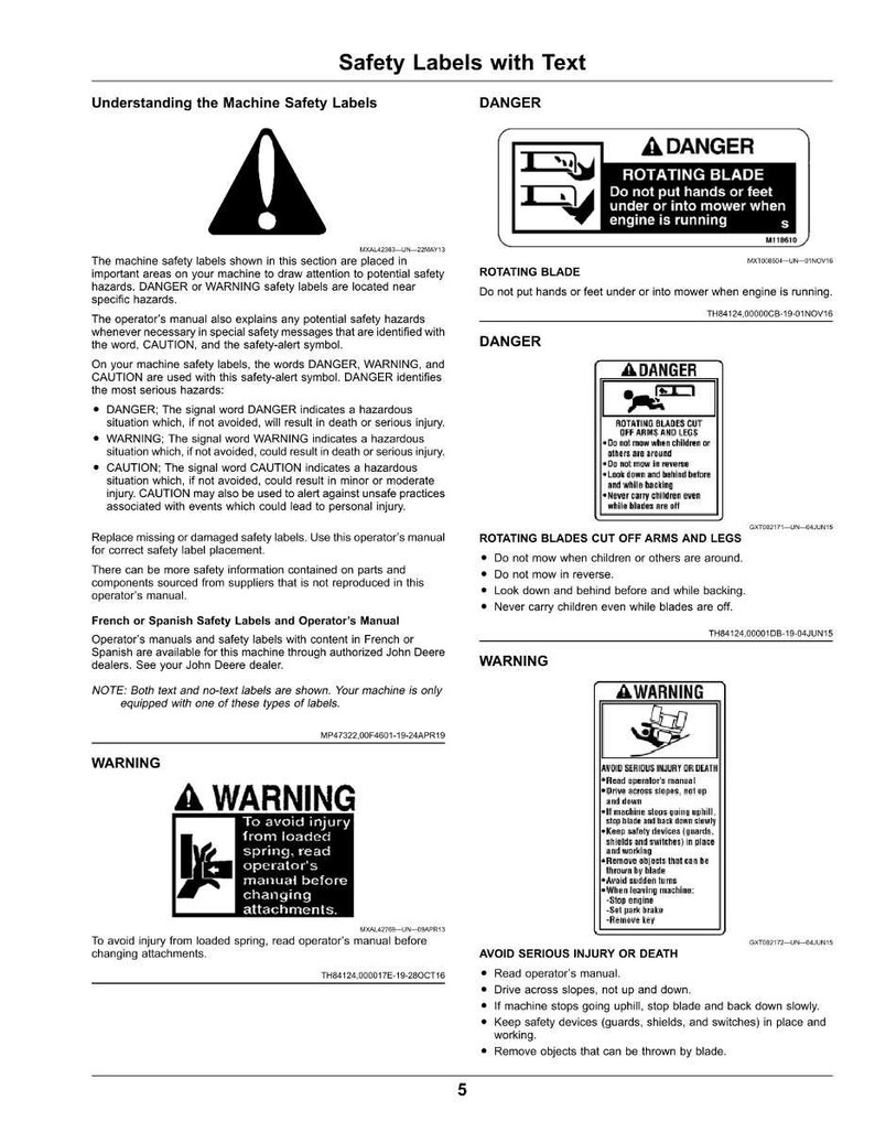 Peut inclure: &Eacute;tiquettes de s&eacute;curit&eacute; avec texte, comprenant les symboles &laquo; DANGER &raquo; et &laquo; AVERTISSEMENT &raquo;. Les &eacute;tiquettes fournissent des instructions pour &eacute;viter les blessures, comme garder les mains et les pieds &agrave; l'&eacute;cart des lames rotatives et lire le manuel de l'op&eacute;rateur.