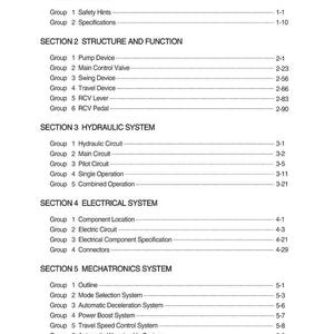 May include: A detailed table of contents from a manual, with headings and subheadings in black text on a white background. Sections include General, Structure and Function, Hydraulic System, Electrical System, and Mechatronics System.