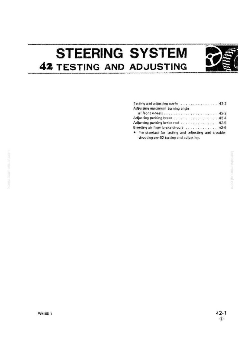 May include: A page from a manual titled "STEERING SYSTEM" with the number "42" and the words "TESTING AND ADJUSTING." The page includes a list of testing and adjusting procedures, such as adjusting toe-in and parking brakes. The page is white with black text.