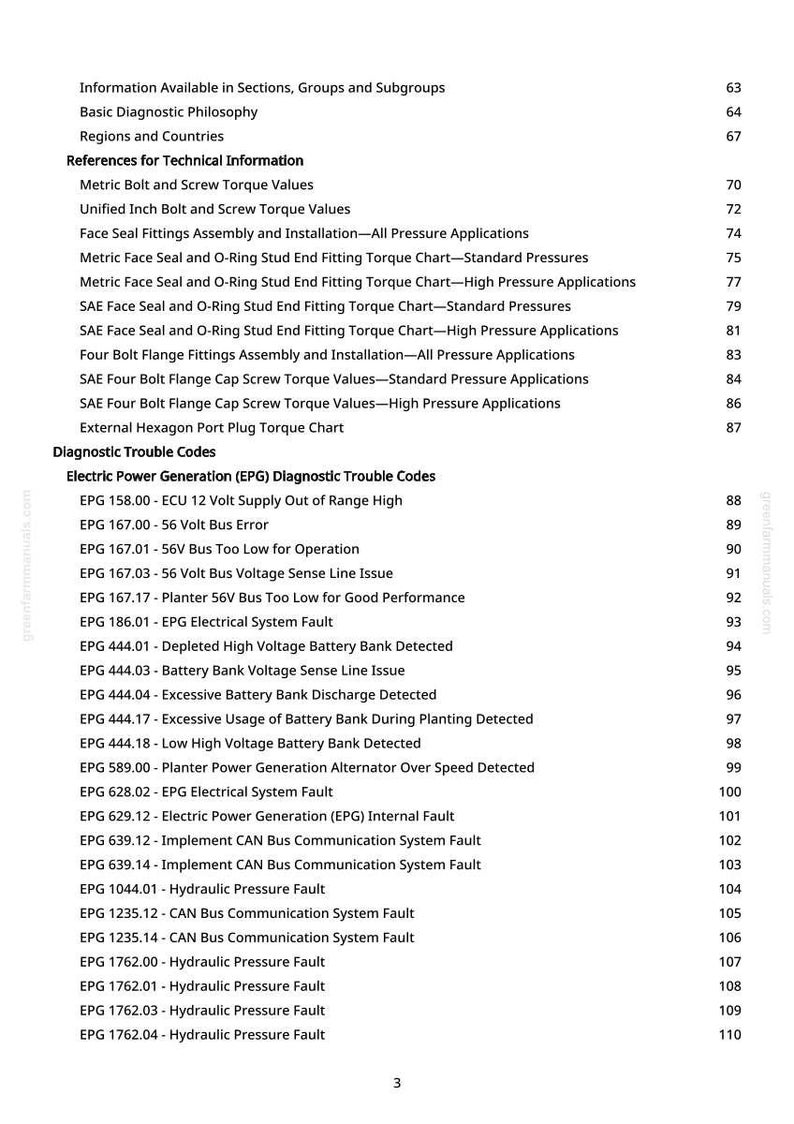 May include: A printed page from a manual, featuring a table of contents and diagnostic trouble codes related to electric power generation. The text includes torque values, fitting applications, and fault descriptions. The page is white with black text.