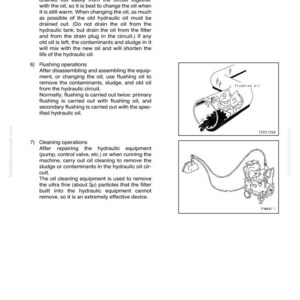 Może przedstawiać: Schematy z instrukcji obsługi szczeg&oacute;łowo opisującej konserwację oleju hydraulicznego. Ilustracje przedstawiają procedury wymiany oleju, operacje płukania i czyszczenia sprzętu hydraulicznego. Tekst zawiera rozwiązywanie problem&oacute;w i środki ostrożności.