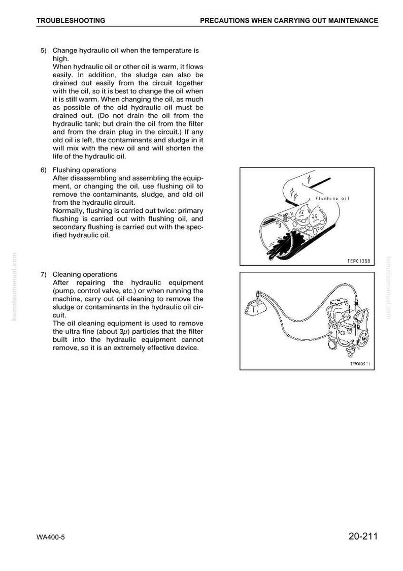 Może przedstawiać: Schematy z instrukcji obsługi szczeg&oacute;łowo opisującej konserwację oleju hydraulicznego. Ilustracje przedstawiają procedury wymiany oleju, operacje płukania i czyszczenia sprzętu hydraulicznego. Tekst zawiera rozwiązywanie problem&oacute;w i środki ostrożności.