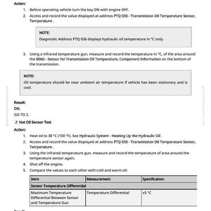 May include: A page from a manual titled "CQ-Hydraulic Oil Temperature Test." The text details procedures for cold and hot oil sensor tests, including temperature measurements in degrees Celsius and Fahrenheit, and sensor readings.