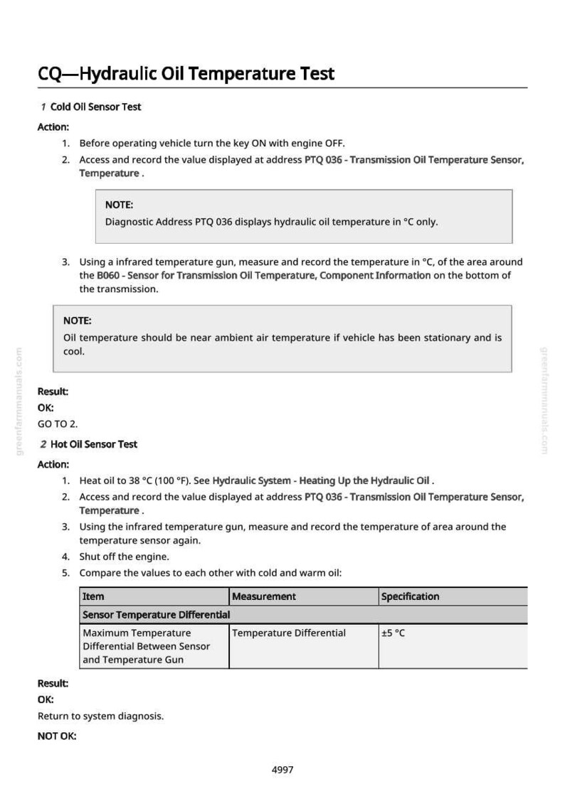 May include: A page from a manual titled "CQ-Hydraulic Oil Temperature Test." The text details procedures for cold and hot oil sensor tests, including temperature measurements in degrees Celsius and Fahrenheit, and sensor readings.