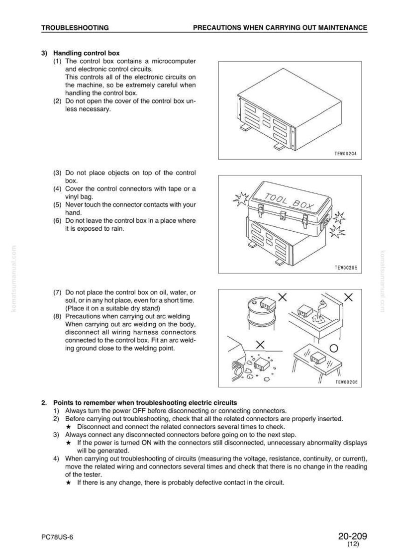 May include: Technical diagrams and text explaining troubleshooting and maintenance for electronic control circuits. Includes illustrations of a control box, toolbox, and related components. Safety precautions are also provided.