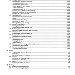 May include: A page from a Weidemann equipment manual, featuring a detailed table of contents. The document lists various maintenance and repair topics, including hydraulic systems, electrical systems, and engine components.
