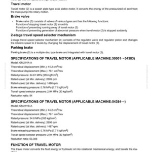 May include: A technical diagram detailing the component parts of a travel system, including reduction gear, travel motor, brake valve, and speed selector mechanism. Specifications for travel motors GM21VA-A and GM21VB-A are also listed. The document is labeled '10 STRUCTURE AND FUNCTION'.