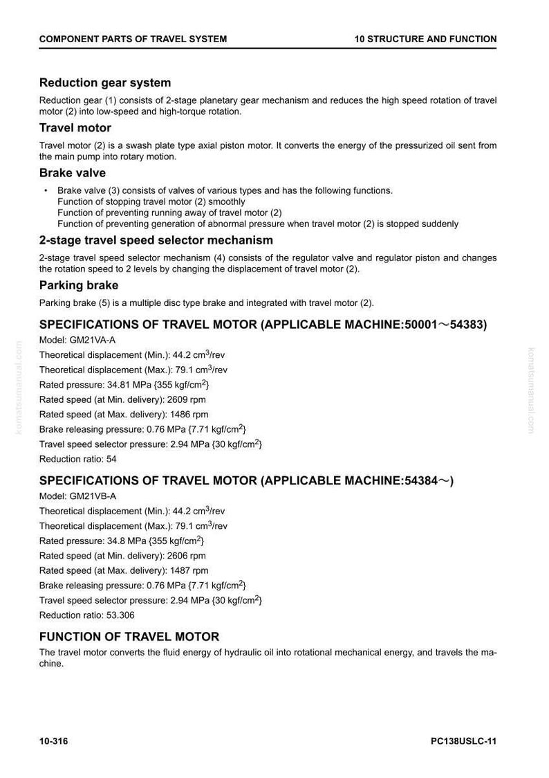 May include: A technical diagram detailing the component parts of a travel system, including reduction gear, travel motor, brake valve, and speed selector mechanism. Specifications for travel motors GM21VA-A and GM21VB-A are also listed. The document is labeled '10 STRUCTURE AND FUNCTION'.