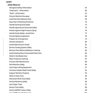 Puede incluir: Una tabla de contenidos en blanco y negro. El t&iacute;tulo es "Table of Contents". Los temas incluyen medidas de seguridad, como evitar el polvo de amianto y manipular los fluidos de forma segura. Los n&uacute;meros de p&aacute;gina est&aacute;n a la derecha.
