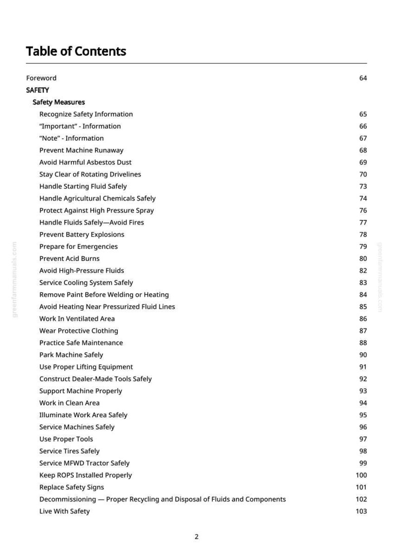 Puede incluir: Una tabla de contenidos en blanco y negro. El t&iacute;tulo es "Table of Contents". Los temas incluyen medidas de seguridad, como evitar el polvo de amianto y manipular los fluidos de forma segura. Los n&uacute;meros de p&aacute;gina est&aacute;n a la derecha.