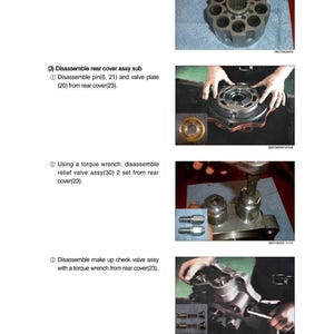 May include: An instructional diagram showing the disassembly of mechanical components. The image includes close-up shots of parts being worked on, with text instructions and diagrams. The components appear to be part of a larger machine.