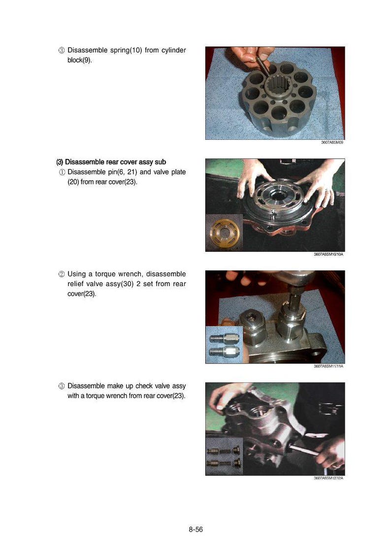 May include: An instructional diagram showing the disassembly of mechanical components. The image includes close-up shots of parts being worked on, with text instructions and diagrams. The components appear to be part of a larger machine.