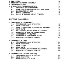 May include: A black and white table of contents from a manual, listing chapters on clutch systems and transmissions. The text includes section titles like "Disassembly," "Gear Structure," and "Bolts Size to Tighten Torque."
