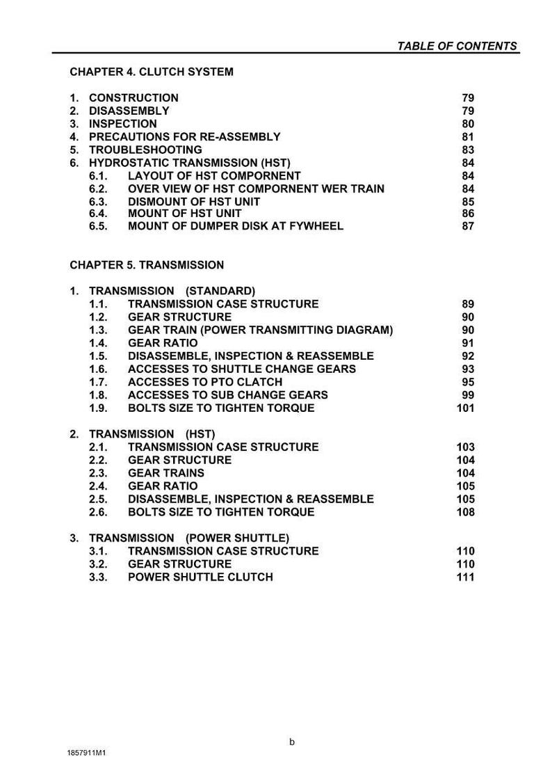 May include: A black and white table of contents from a manual, listing chapters on clutch systems and transmissions. The text includes section titles like "Disassembly," "Gear Structure," and "Bolts Size to Tighten Torque."