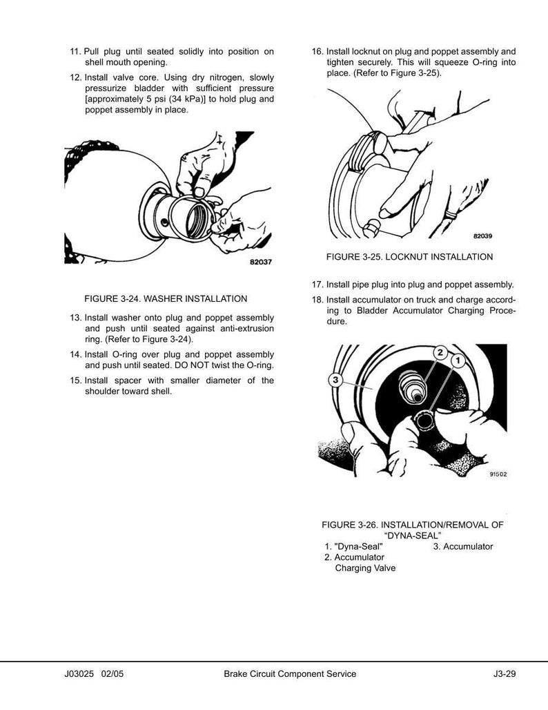 May include: Technical diagram illustrating brake circuit component service procedures. The image includes detailed illustrations of washer installation, locknut installation, and the installation/removal of a "Dyna-Seal". Text and diagrams provide step-by-step instructions.