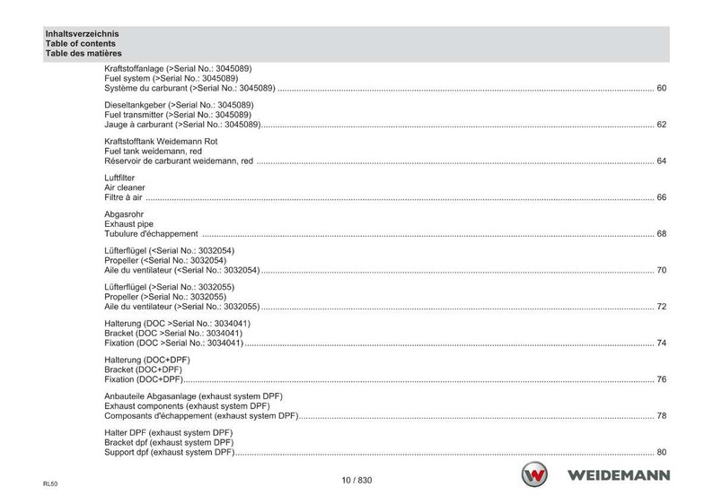 May include: A page from a Weidemann product manual, with a table of contents in German, English, and French. The list includes fuel system components, air cleaner, exhaust pipe, and propeller details. The Weidemann logo is visible at the bottom.