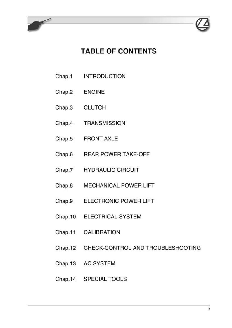 May include: A white page with a table of contents for a technical manual. The headings include Introduction, Engine, Clutch, Transmission, Front Axle, and more. The document has a logo in the upper right corner.