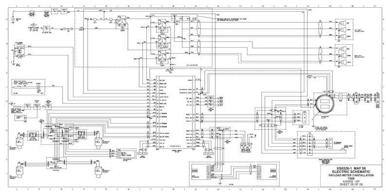 May include: Detailed black and white electrical schematic diagram. The diagram includes various electronic components, lines, and text labels. The title reads "ELECTRIC SCHEMATIC PAYLOAD METER INSTALLATION".