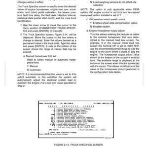May include: A technical diagram titled "Truck Specifics Screen" with detailed information on engine settings, including horsepower, RPM, and fault data. The screen displays various options and settings for truck operation.