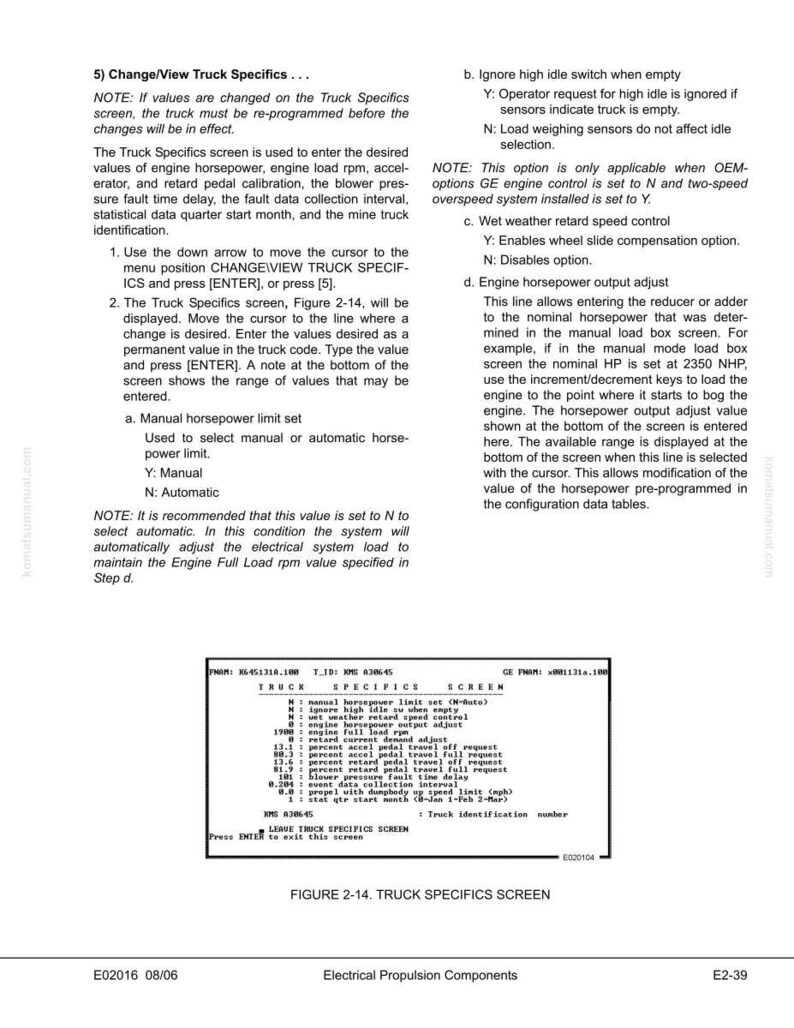 May include: A technical diagram titled "Truck Specifics Screen" with detailed information on engine settings, including horsepower, RPM, and fault data. The screen displays various options and settings for truck operation.
