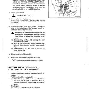 May include: A technical diagram with instructions for removing and installing a 9-spool control valve assembly. The diagram includes a schematic of the valve and detailed steps, including draining hydraulic oil and disconnecting hoses. The assembly weighs 33.95 pounds.