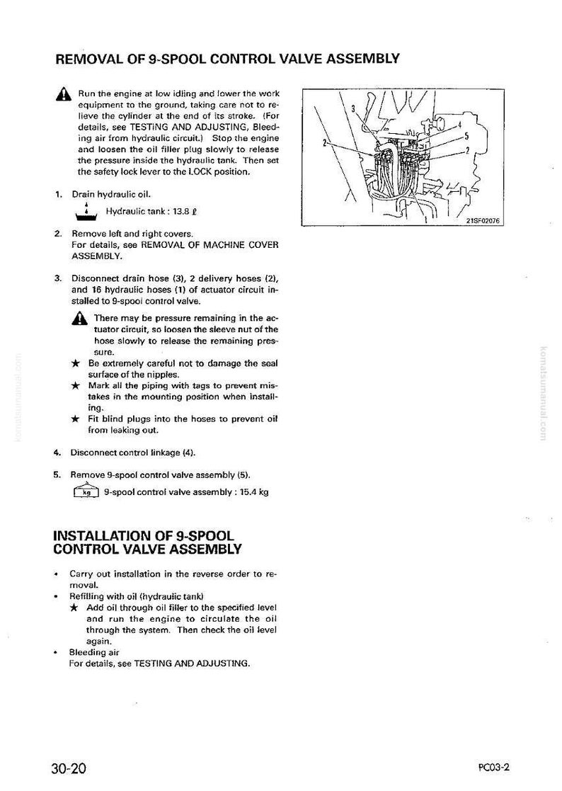 May include: A technical diagram with instructions for removing and installing a 9-spool control valve assembly. The diagram includes a schematic of the valve and detailed steps, including draining hydraulic oil and disconnecting hoses. The assembly weighs 33.95 pounds.
