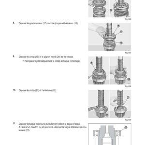 May include: A technical diagram with the title "M&Eacute;THODE D'INTERVENTION" and numbered steps detailing mechanical disassembly. The image includes close-up photos of automotive parts, such as gears and circlips, with labels and figures.