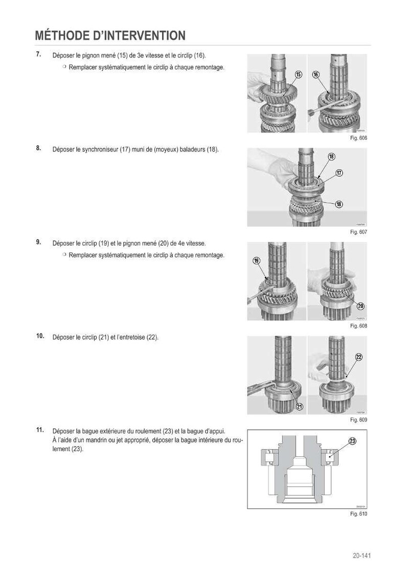 May include: A technical diagram with the title "M&Eacute;THODE D'INTERVENTION" and numbered steps detailing mechanical disassembly. The image includes close-up photos of automotive parts, such as gears and circlips, with labels and figures.