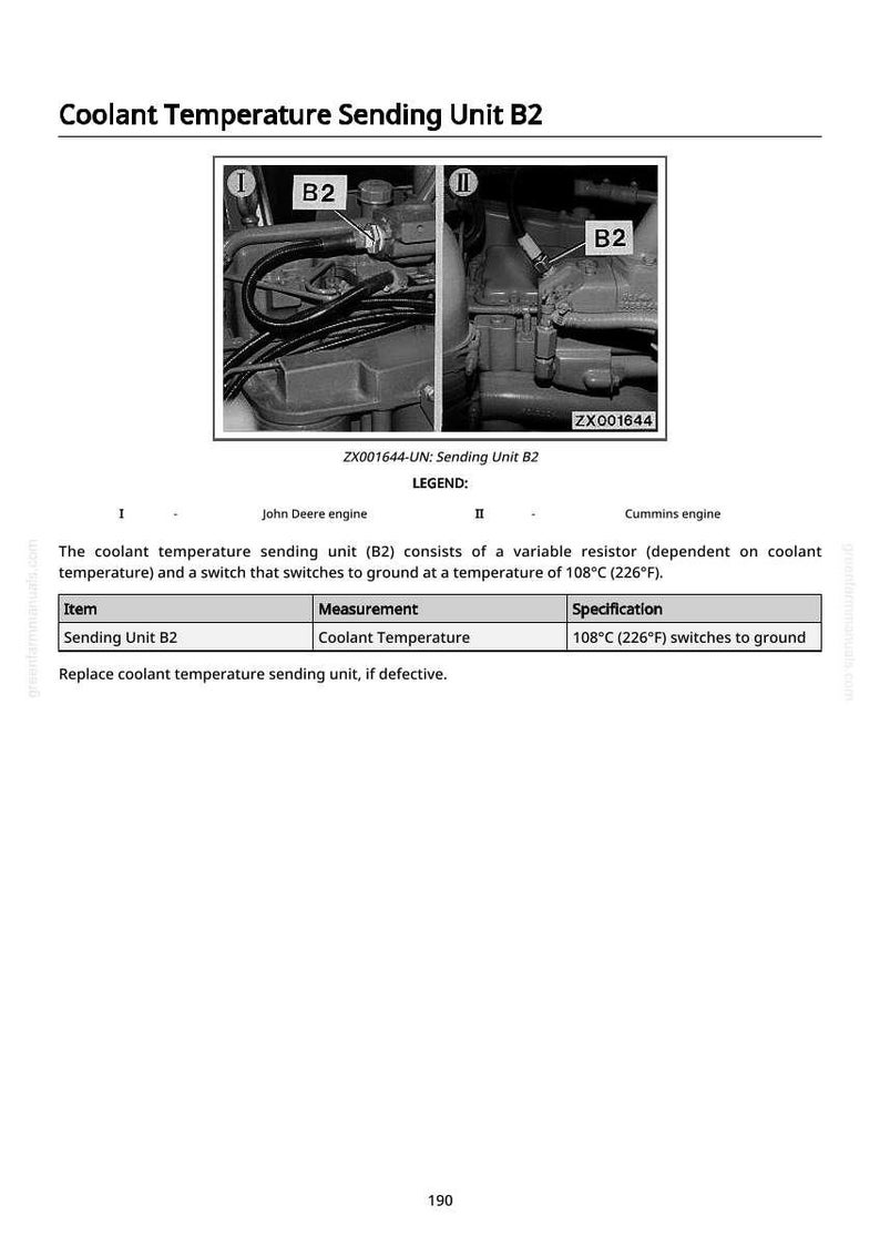 May include: Diagram of a coolant temperature sending unit B2, with close-up images of the John Deere and Cummins engine components. The text includes specifications for the unit, including a switch that activates at 226&deg;F.