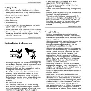 May include: A safety guide for lawn mowers, detailing safe operation, parking, and child safety advice. The document warns about rotating blades and potential injuries. Includes illustrations and text on a white background.