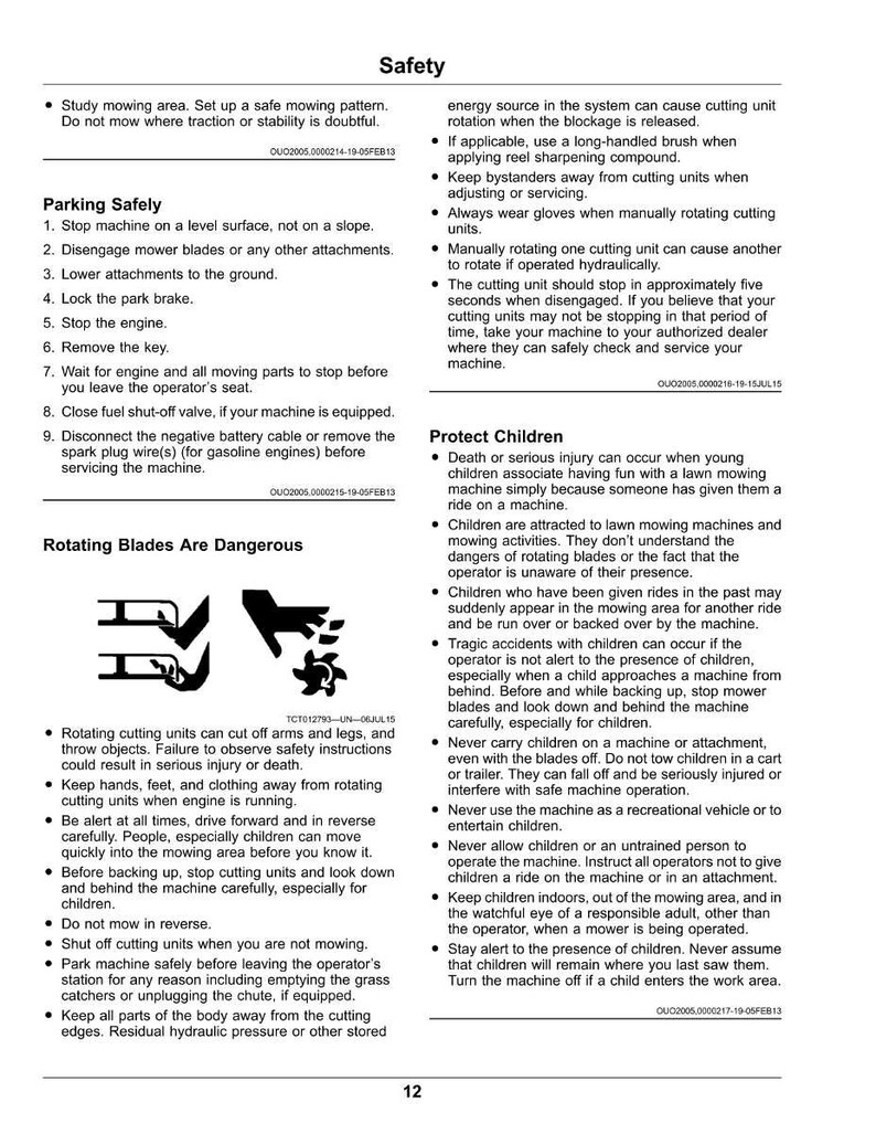 May include: A safety guide for lawn mowers, detailing safe operation, parking, and child safety advice. The document warns about rotating blades and potential injuries. Includes illustrations and text on a white background.