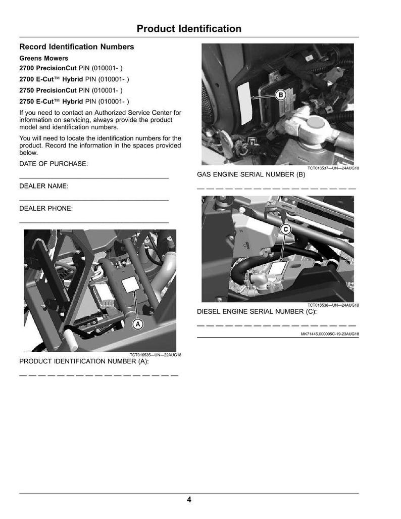 Pu&ograve; includere: Guida all'identificazione del prodotto per Greens Mowers, con diagrammi e spazi per registrare i dettagli dell'acquisto. Include immagini di componenti del motore con etichette per i numeri di serie.