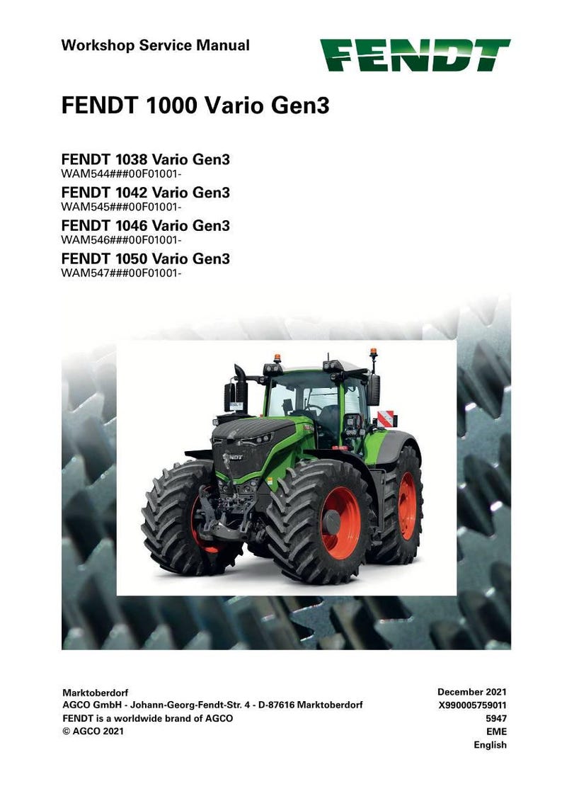 May include: A workshop service manual for the Fendt 1000 Vario Gen3 tractor. The cover displays the Fendt logo and a large image of the green and black tractor with orange wheels. Text includes model numbers and AGCO information.