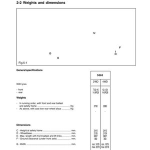Puede incluir: Documento t&eacute;cnico titulado "Identificaci&oacute;n y especificaciones t&eacute;cnicas del tractor" con un diagrama y especificaciones. El documento incluye pesos, dimensiones y tama&ntilde;os de neum&aacute;ticos para tractores 2WD y 4WD. Las medidas est&aacute;n en mil&iacute;metros.