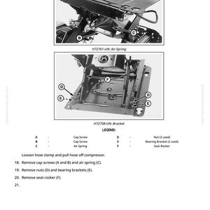 May include: Diagram of mechanical components, including an air spring and bracket, with labels A through F. Text instructions detail removal of parts like cap screws, nuts, and bearing brackets. The image is a technical illustration.