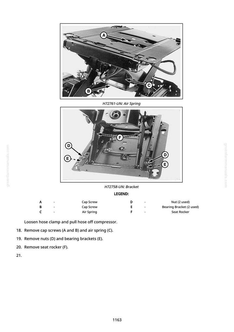 May include: Diagram of mechanical components, including an air spring and bracket, with labels A through F. Text instructions detail removal of parts like cap screws, nuts, and bearing brackets. The image is a technical illustration.