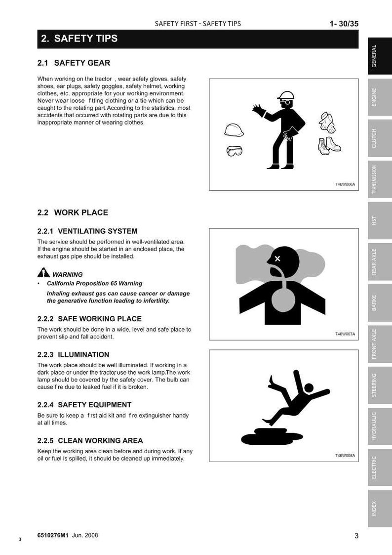 May include: A page from a safety manual titled "Safety First - Safety Tips." It features text and illustrations on safety gear, workplace safety, and equipment. The illustrations depict a person wearing safety gear and a person falling.